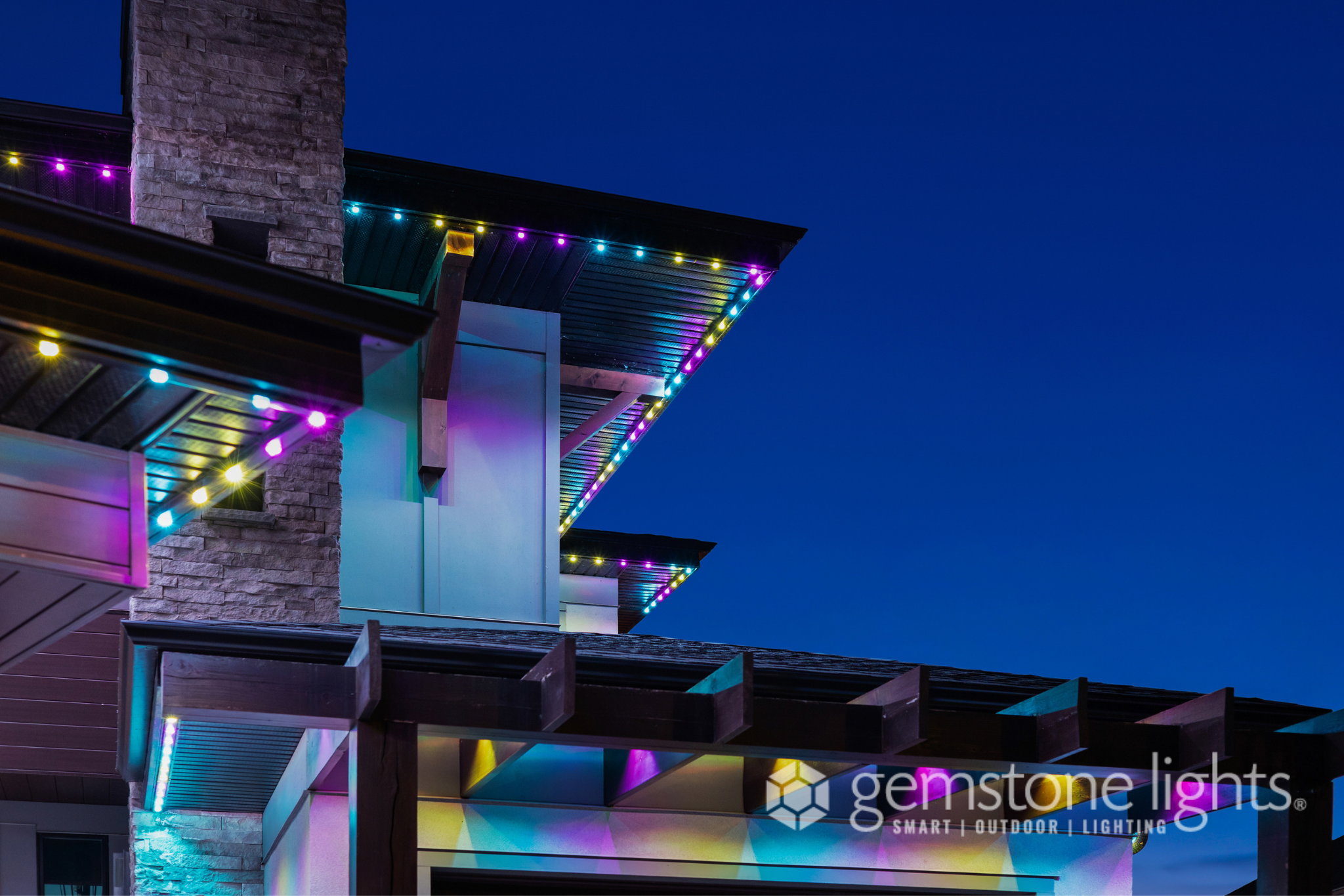 Permanent LED roofline lighting on Calgary home — installed by Calgary Permanent Lights, authorized Gemstone dealer
