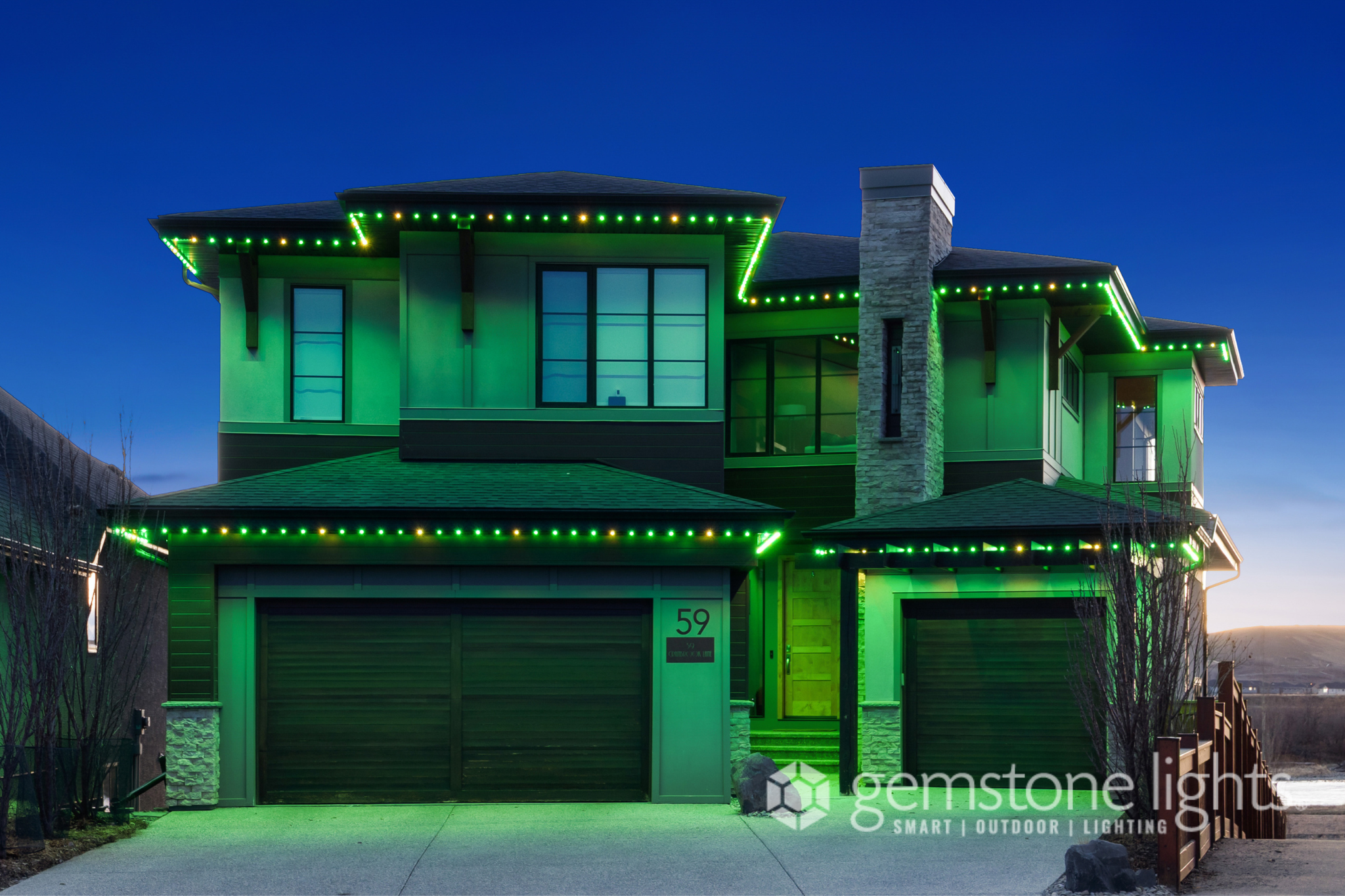 Modern Calgary home with Gemstone Lights permanent LED roofline — Calgary Permanent Lights, authorized Gemstone dealer