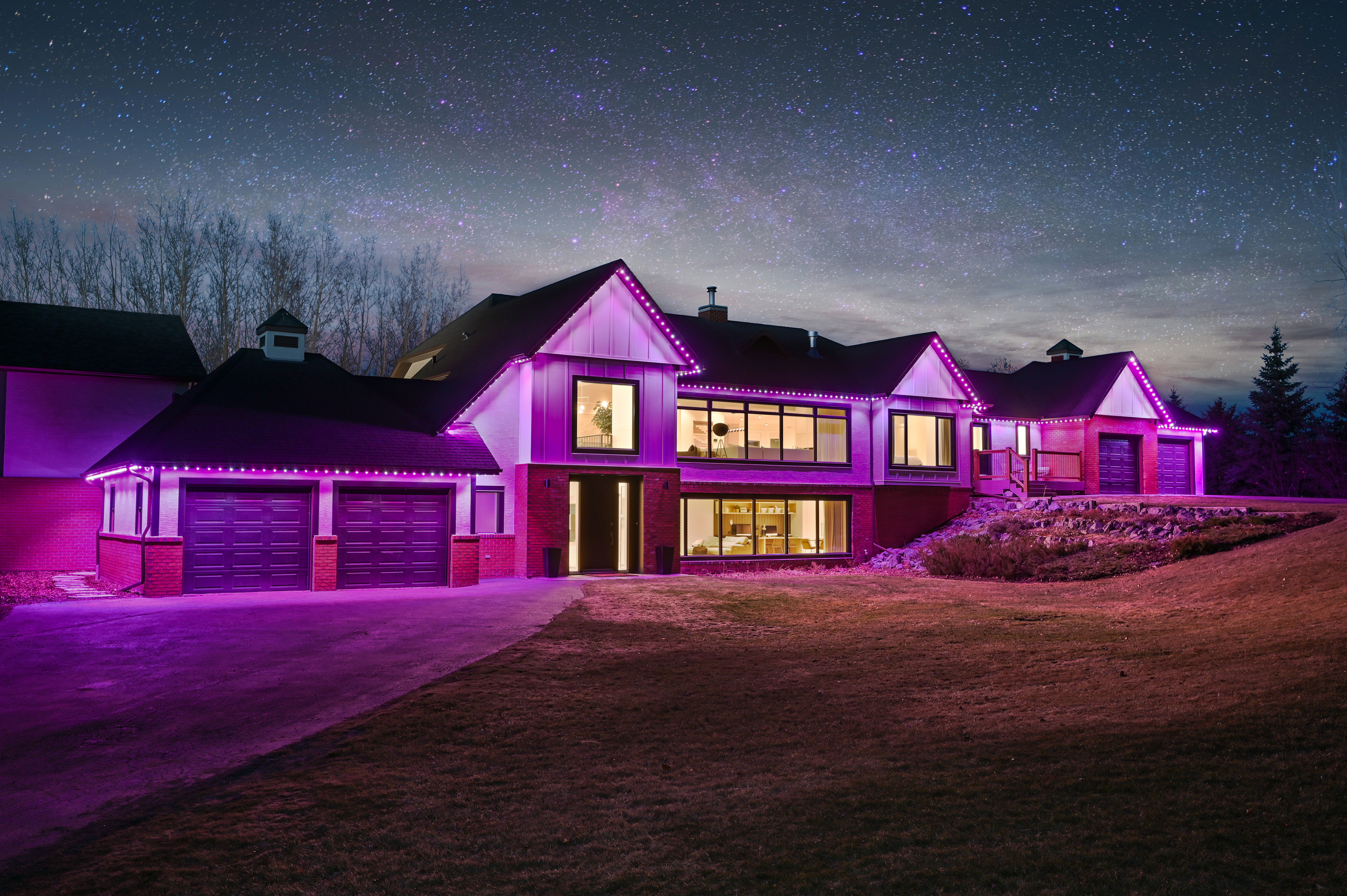 Calgary home with purple and pink Gemstone Lights permanent LED roofline — Calgary Permanent Lights, authorized Gemstone dealer