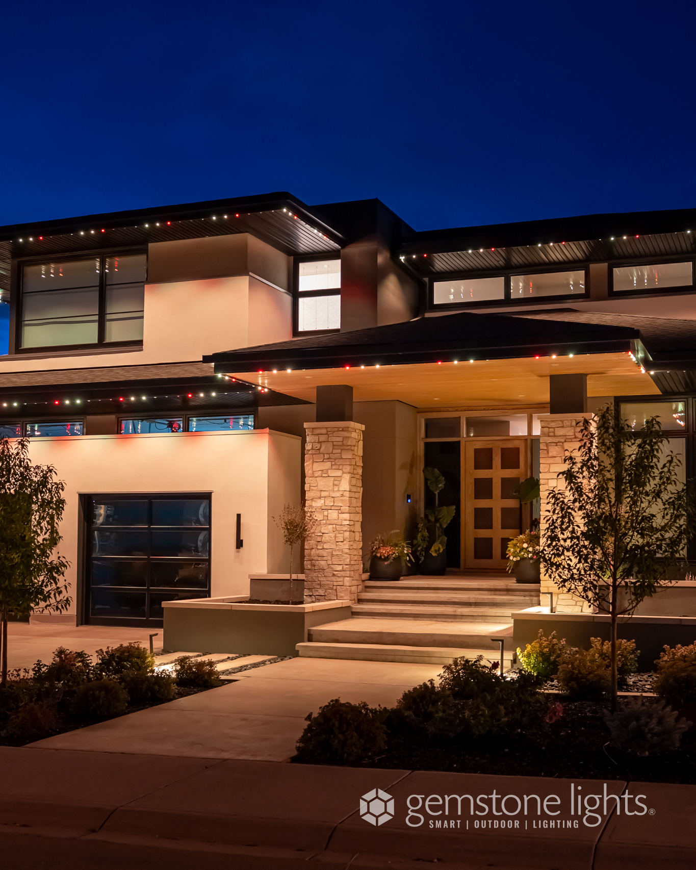 Completed Gemstone Lights permanent LED installation on contemporary Calgary home — Calgary Permanent Lights, authorized Gemstone dealer